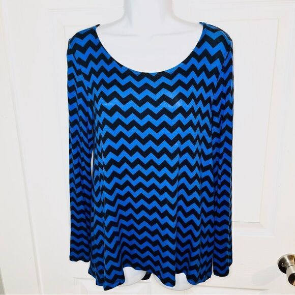 Shanley Chevron Mesh Back Casual Long Sleeve Top Hi Lo Hem Royal Blue Black M - Picture 5 of 12